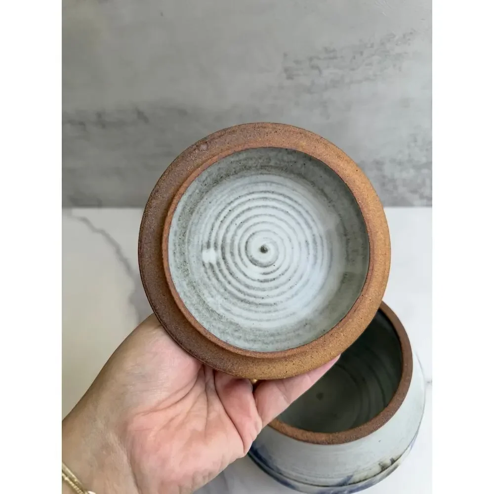 Studio Art Pottery Lidded Jar Speckled Gray & Blue Glaze Handled Ceramic Vessel